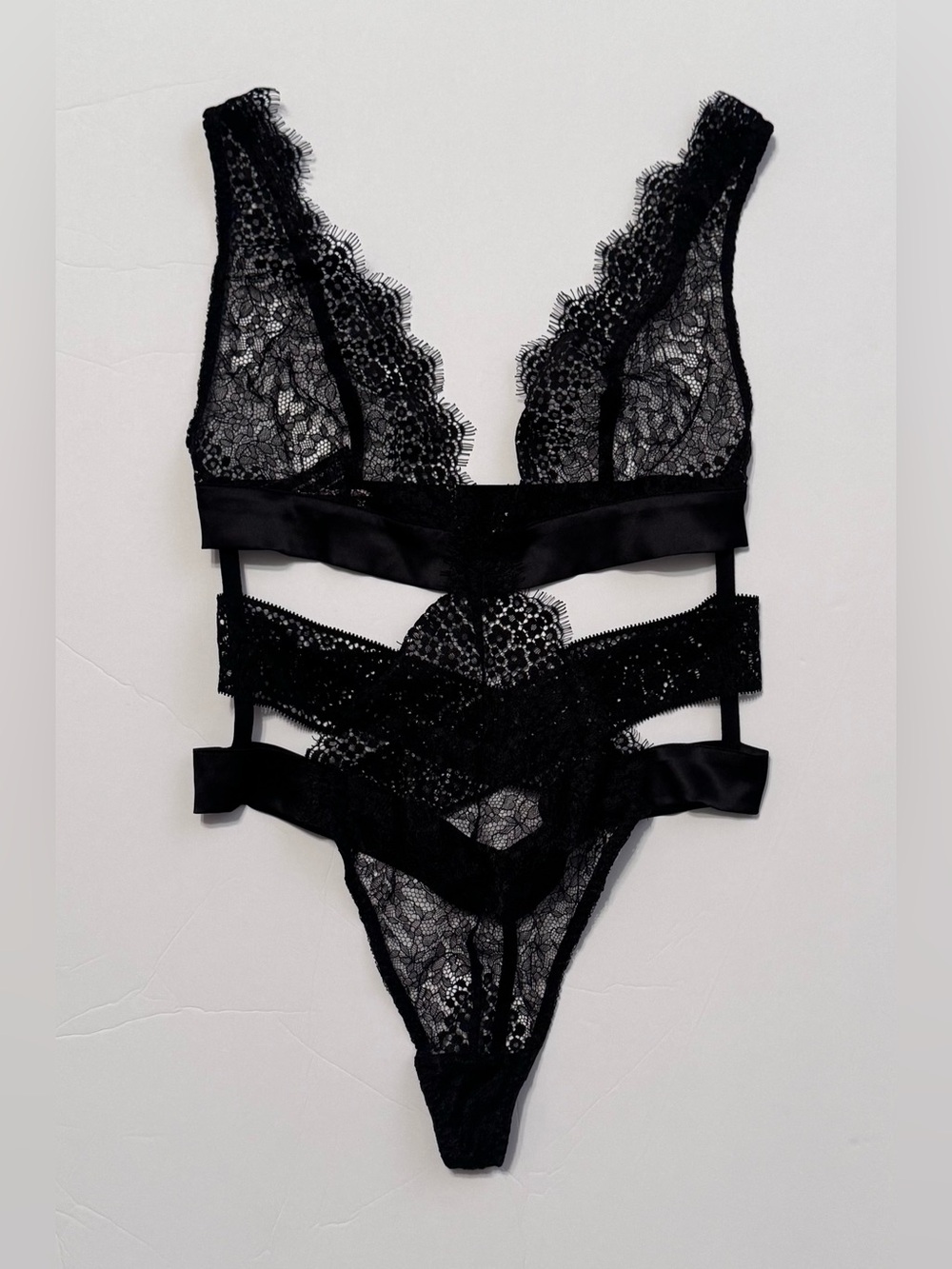 Victoria's Secret Black Lace Strappy Bodysuit Lingerie Size Small